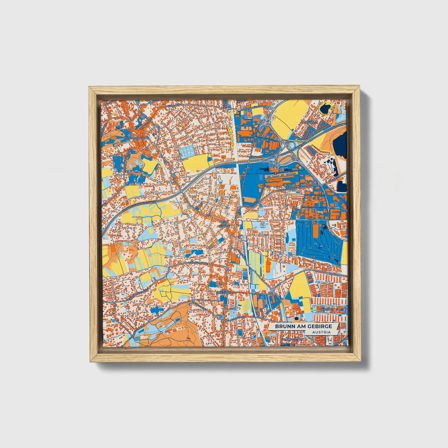 Brunn Am Gebirge Austria Colorful City Map Canvas Print • Natural Wooden Framed