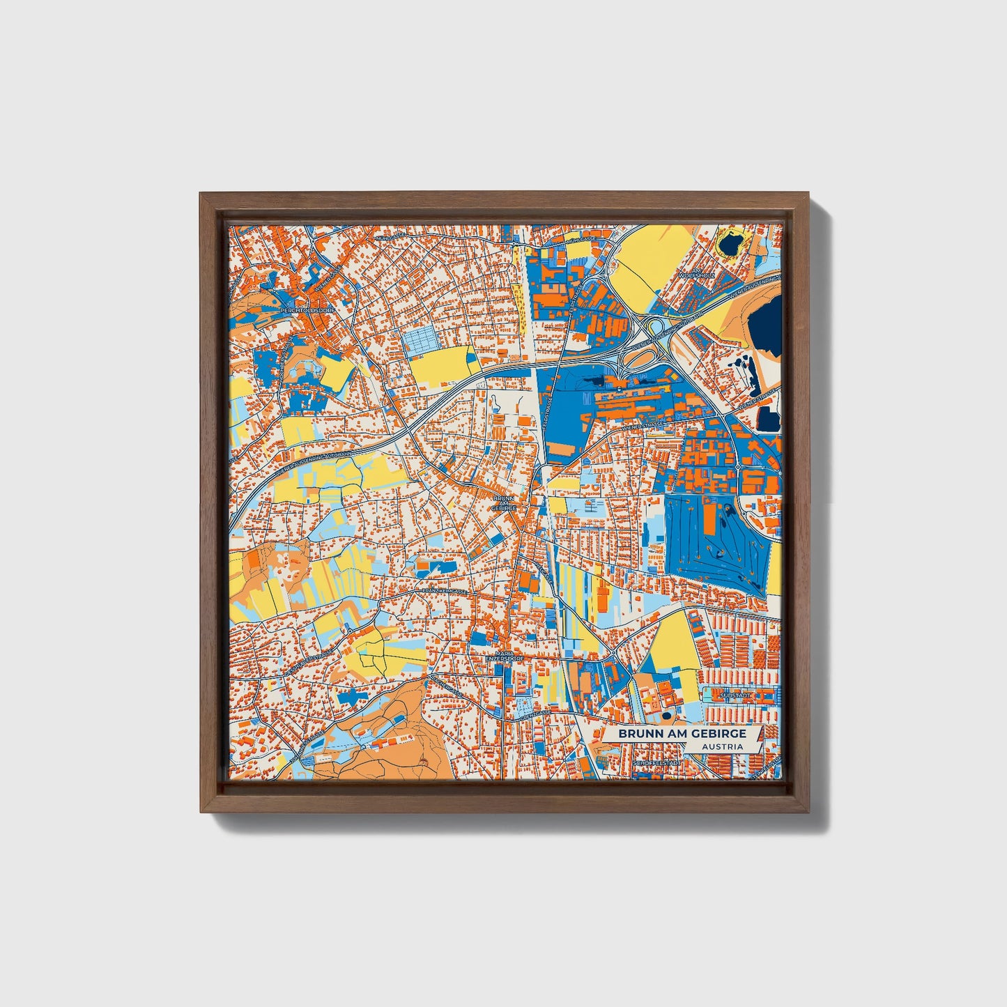 Brunn Am Gebirge Austria Colorful City Map Canvas Print • Dark Wooden Framed