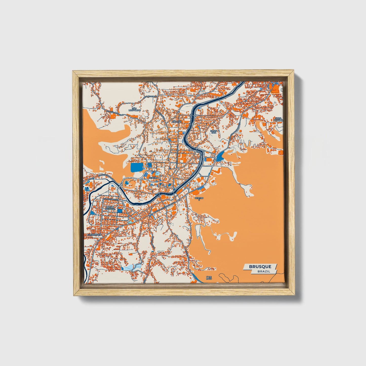 Brusque Brazil Colorful City Map Canvas Print • Natural Wooden Framed