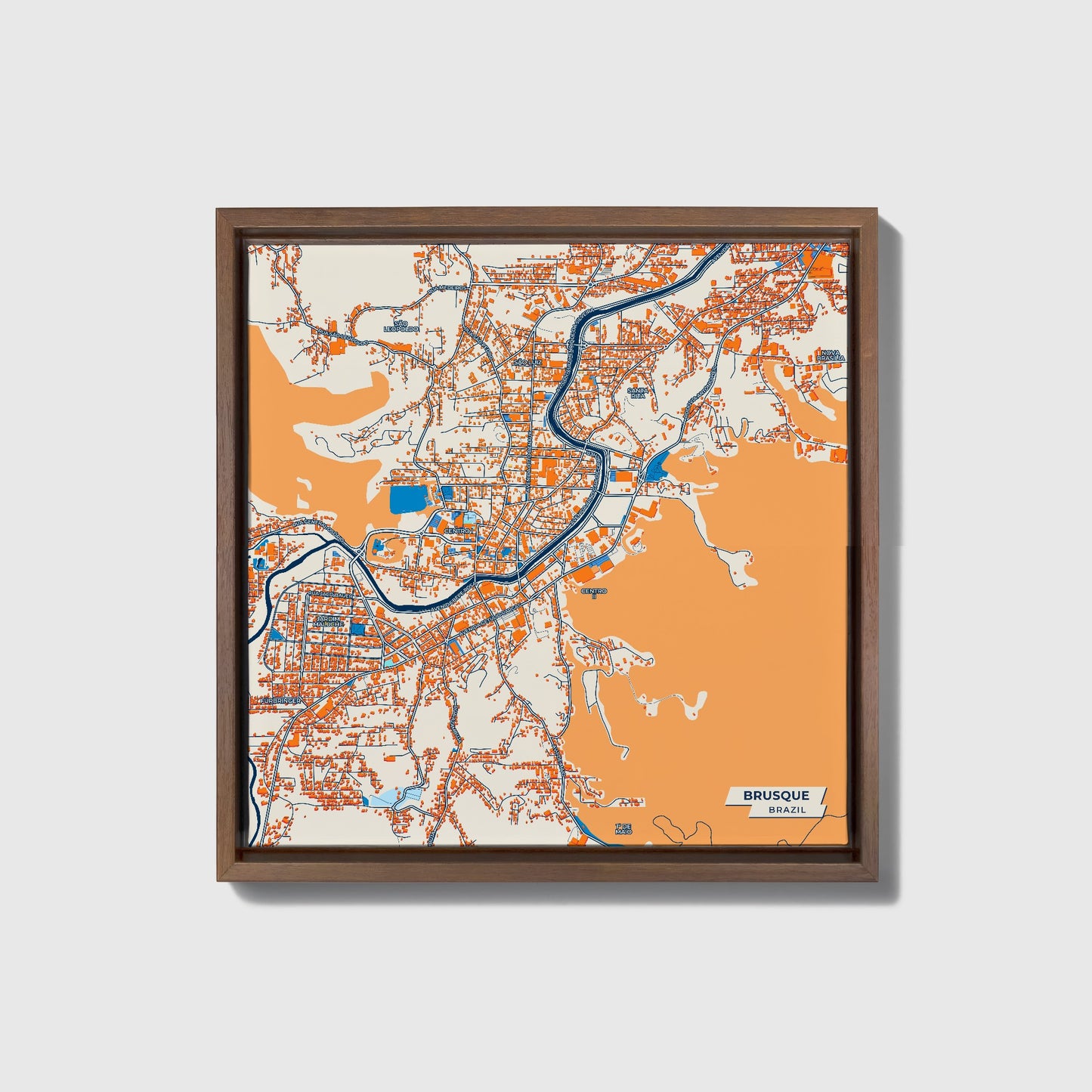 Brusque Brazil Colorful City Map Canvas Print • Dark Wooden Framed