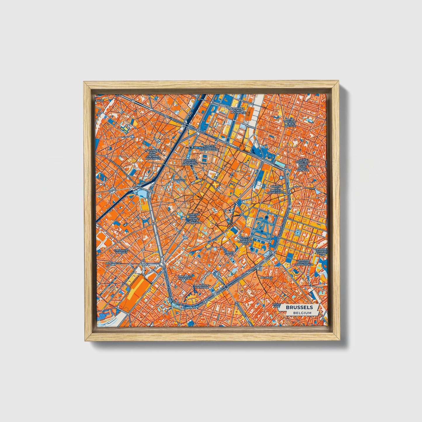 Brussels Belgium Colorful City Map Canvas Print • Natural Wooden Framed