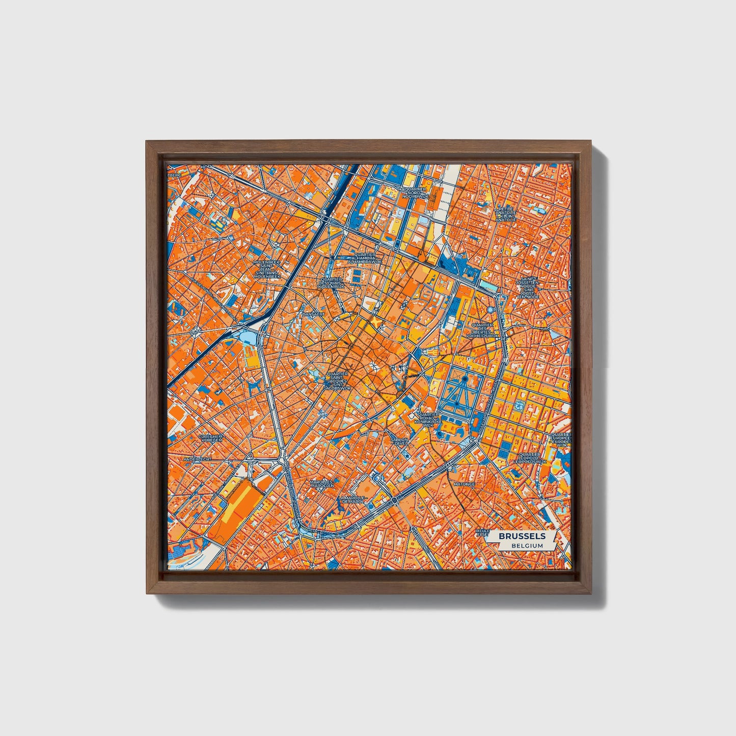 Brussels Belgium Colorful City Map Canvas Print • Dark Wooden Framed