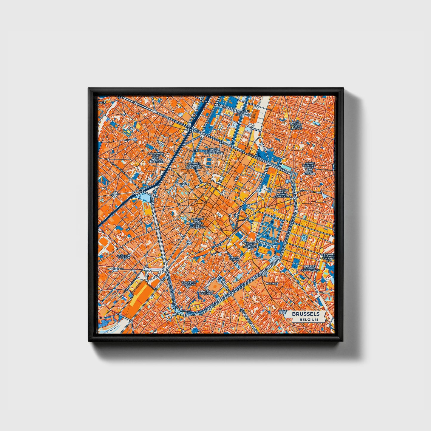 Brussels Belgium Colorful City Map Canvas Print • Black Framed