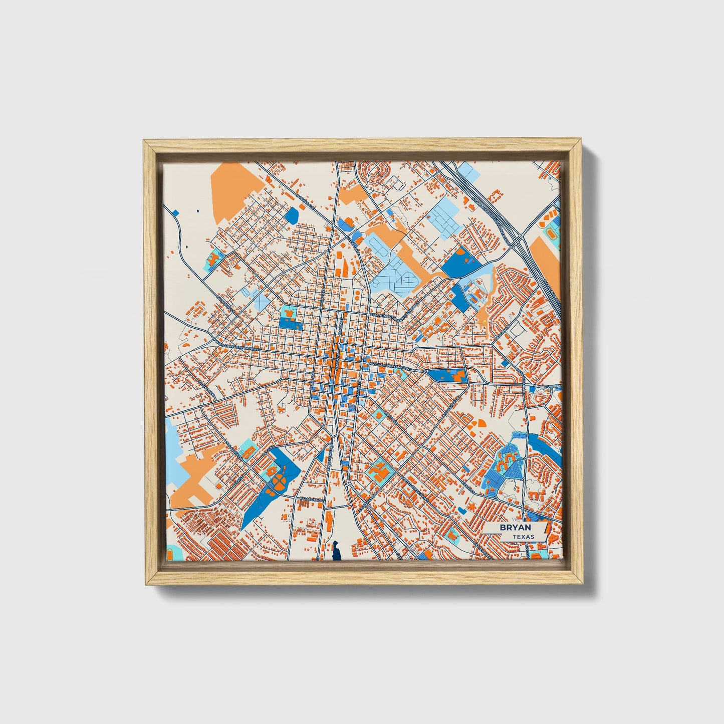 Bryan Texas Colorful City Map Canvas Print • Natural Wooden Framed