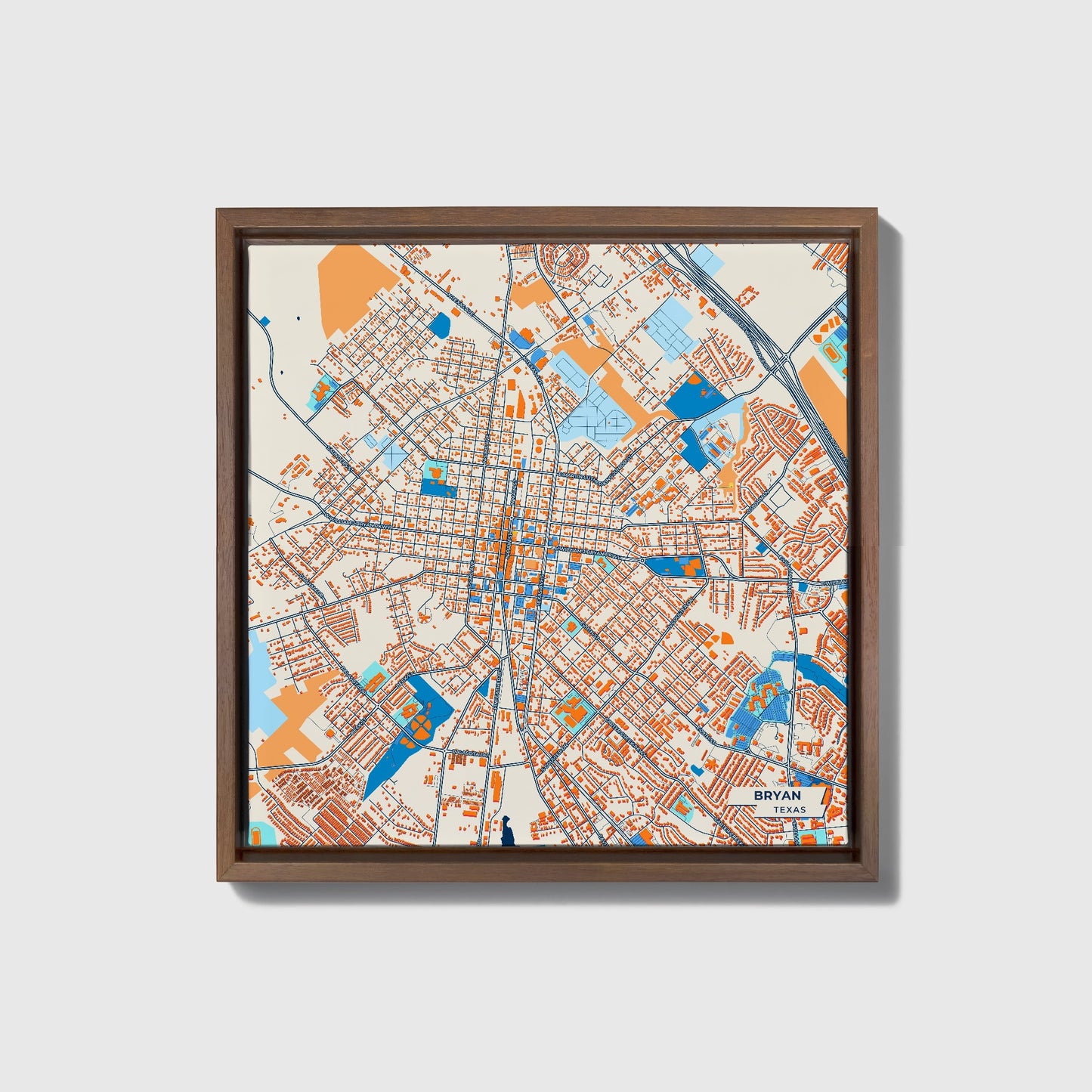 Bryan Texas Colorful City Map Canvas Print • Dark Wooden Framed