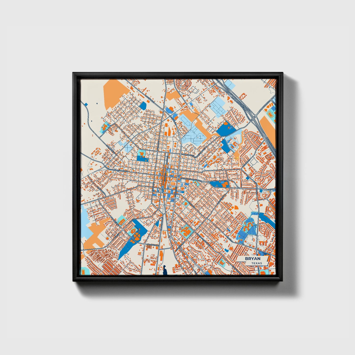 Bryan Texas Colorful City Map Canvas Print • Black Framed