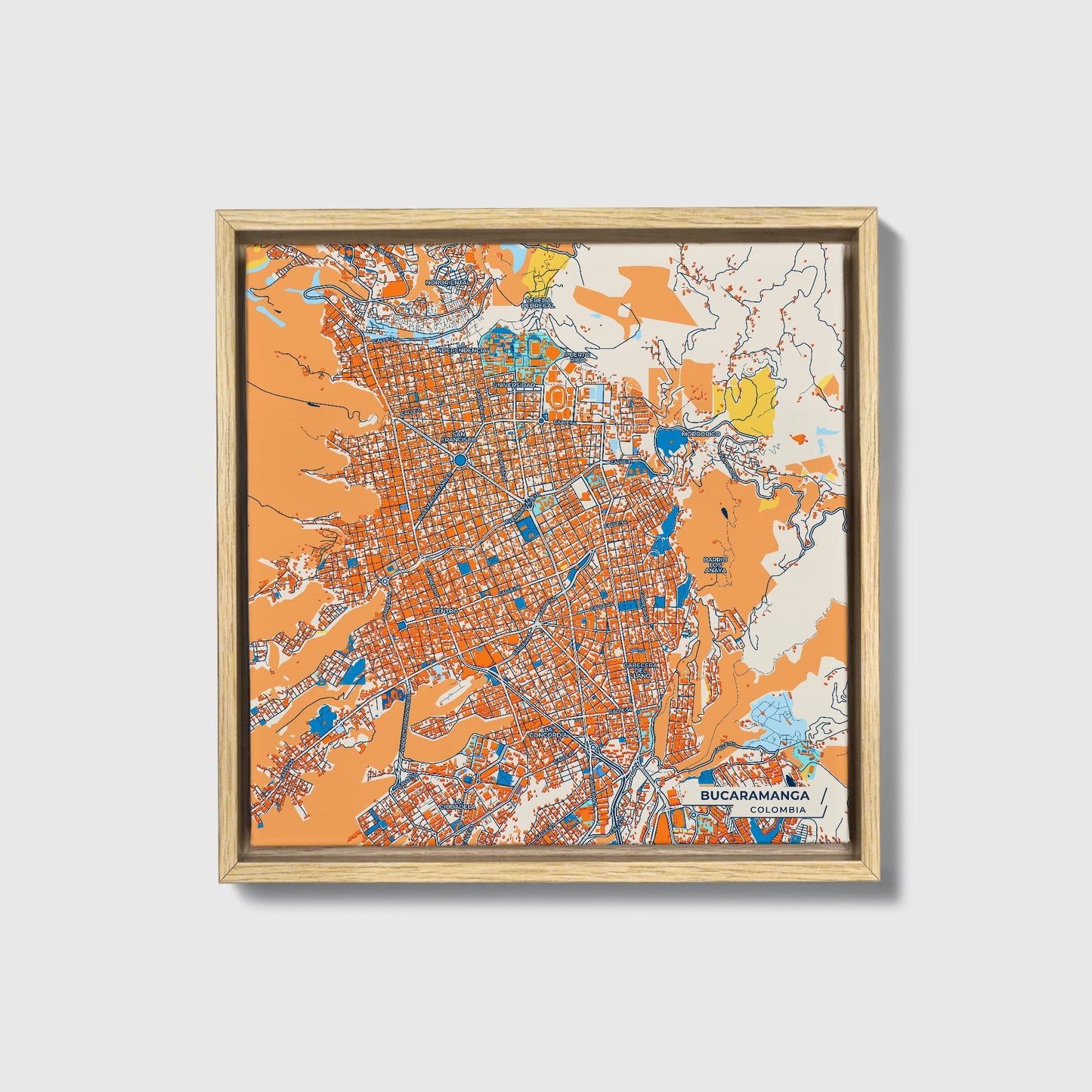 Bucaramanga Colombia Colorful City Map Canvas Print • Natural Wooden Framed