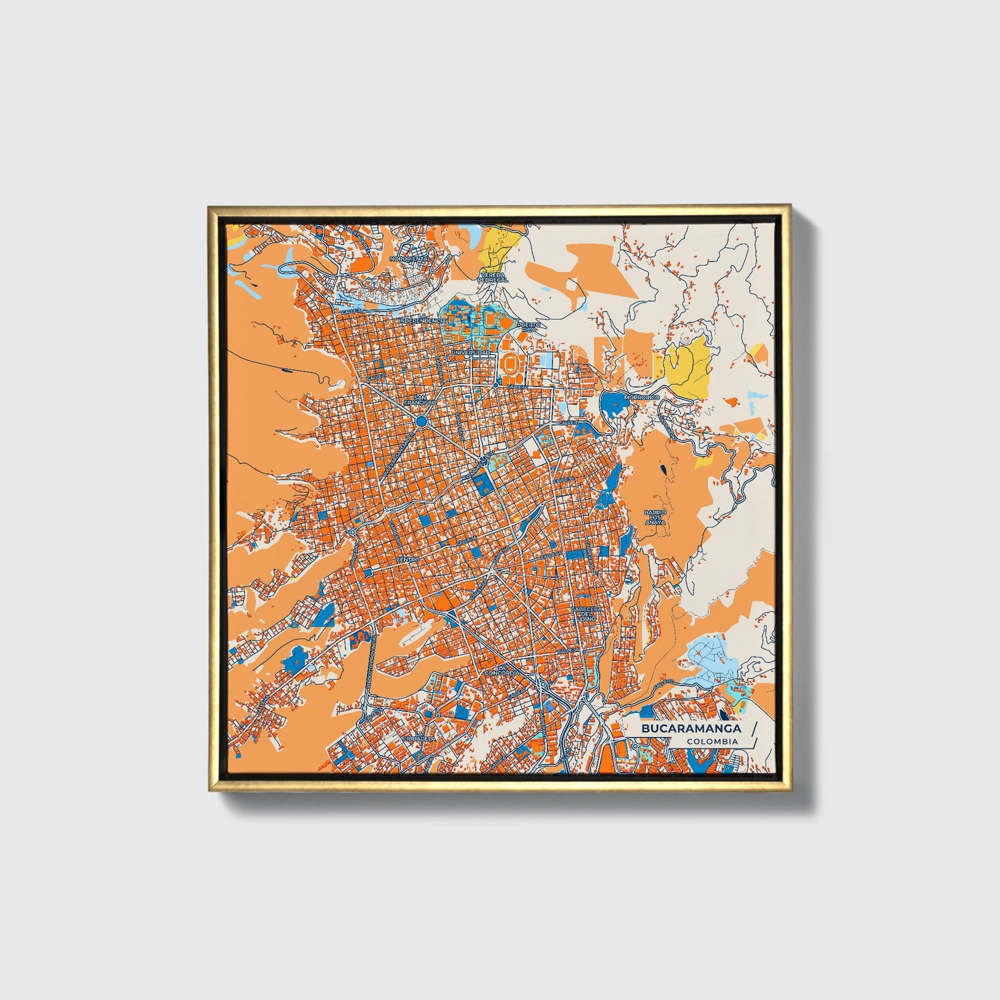 Bucaramanga Colombia Colorful City Map Canvas Print • Gold Framed