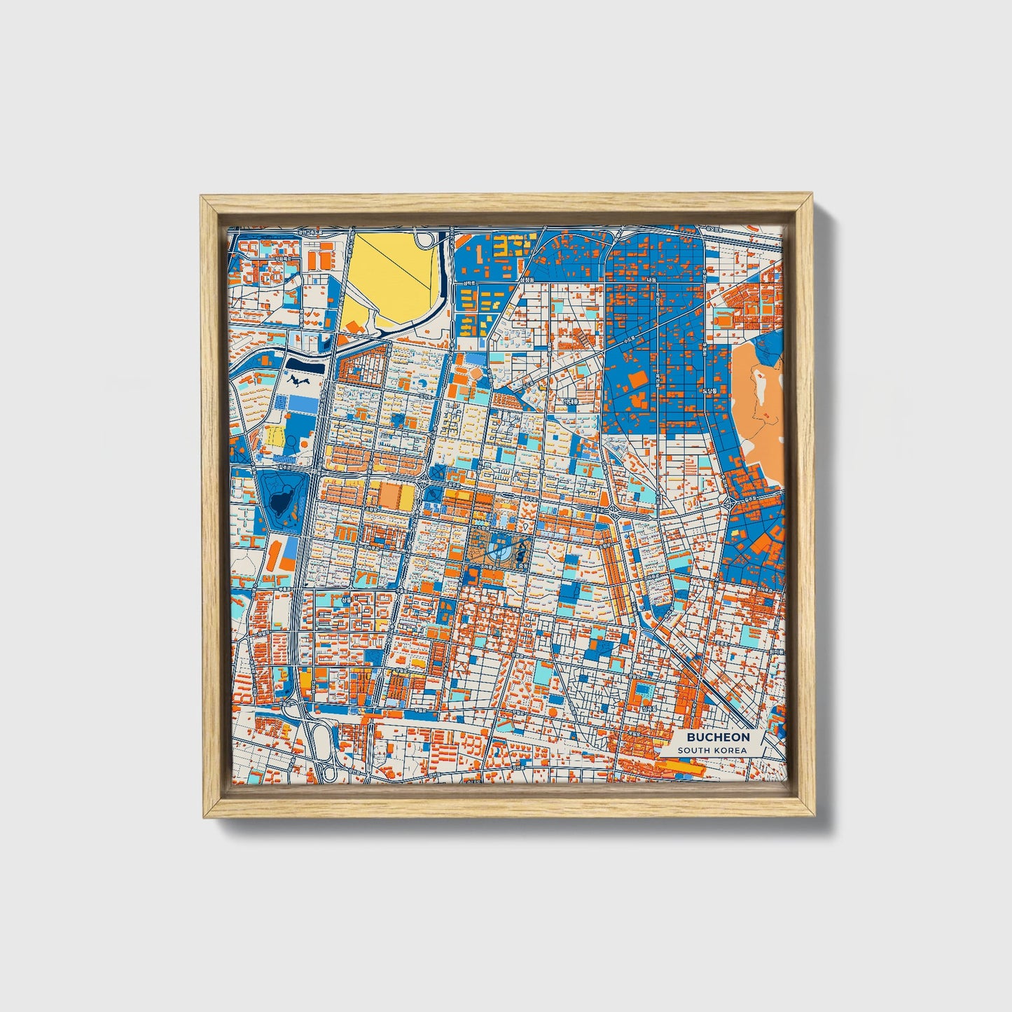 Bucheon South Korea Colorful City Map Canvas Print • Natural Wooden Framed