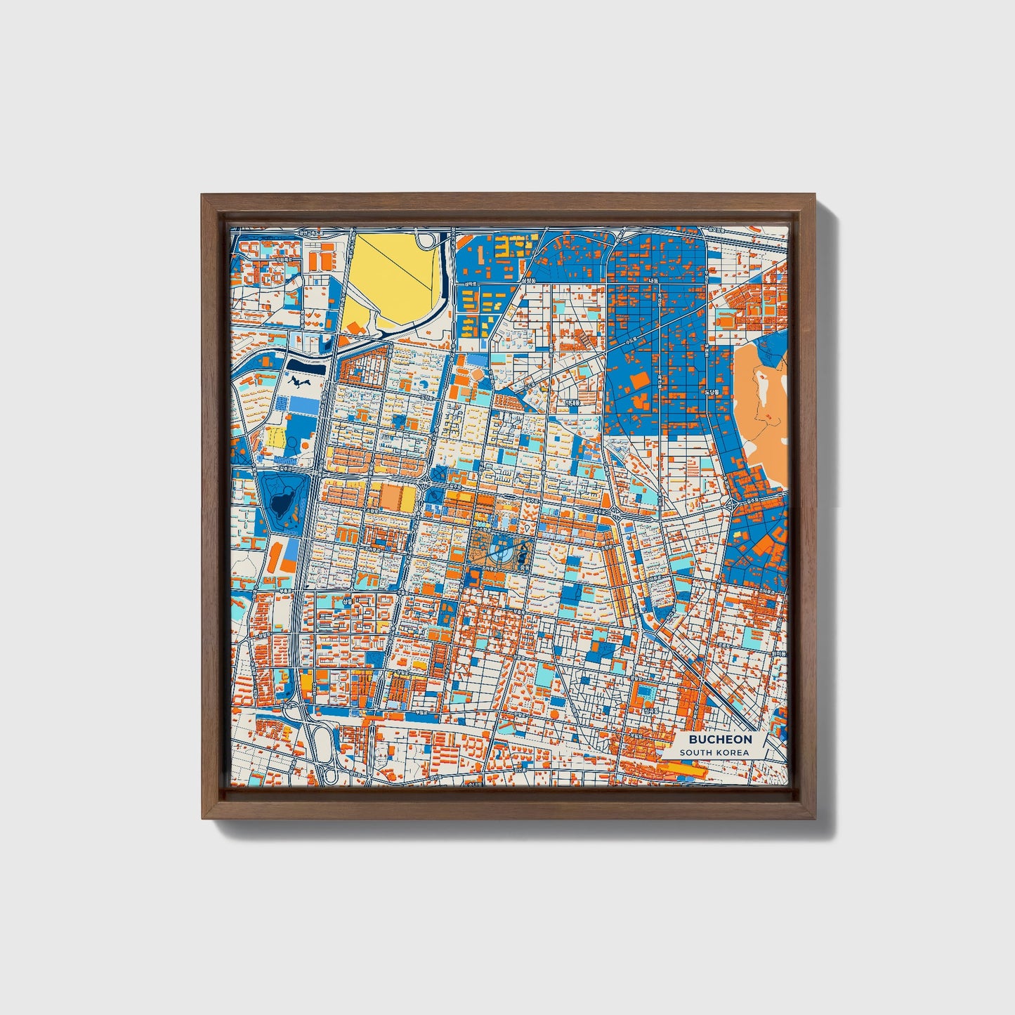Bucheon South Korea Colorful City Map Canvas Print • Dark Wooden Framed