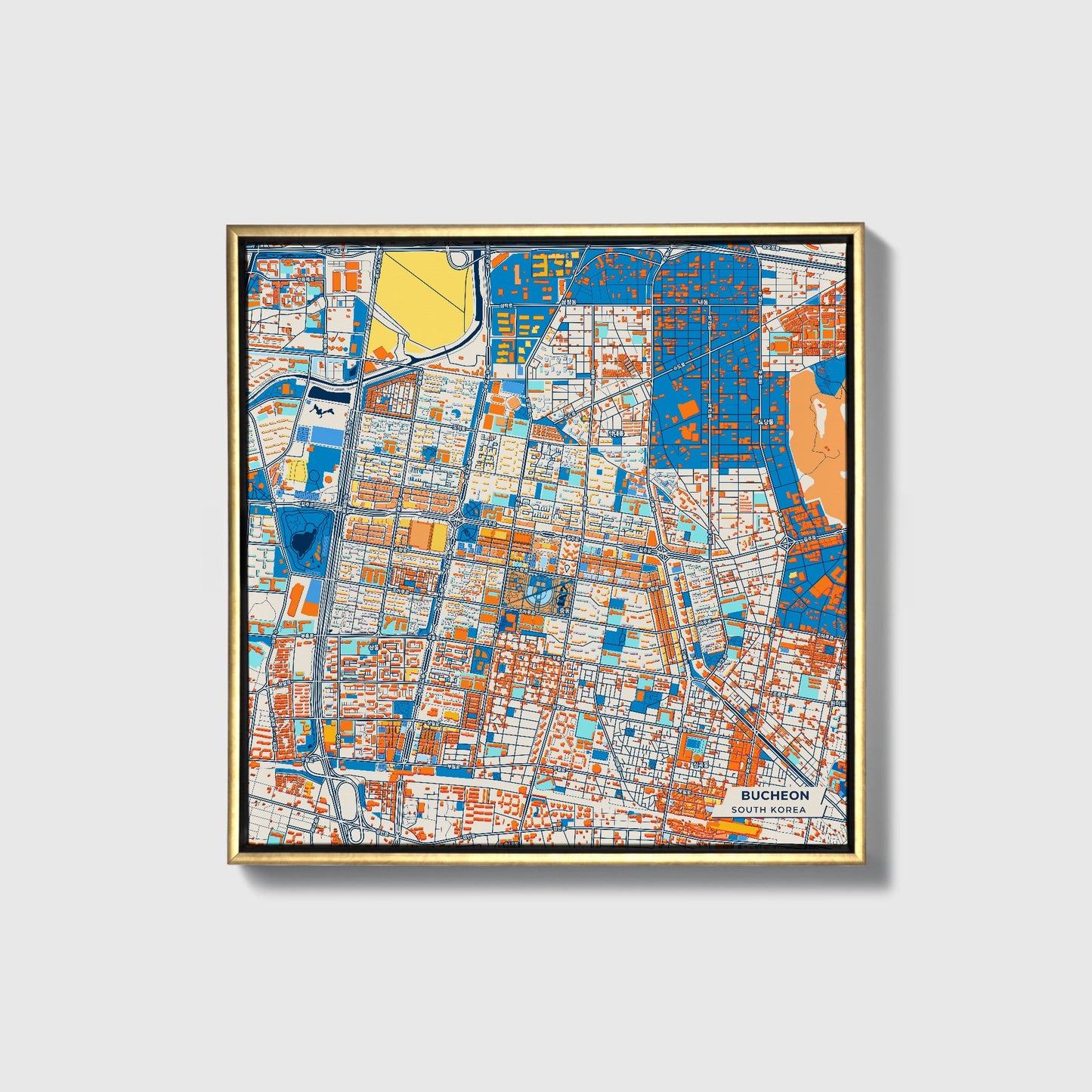 Bucheon South Korea Colorful City Map Canvas Print • Gold Framed