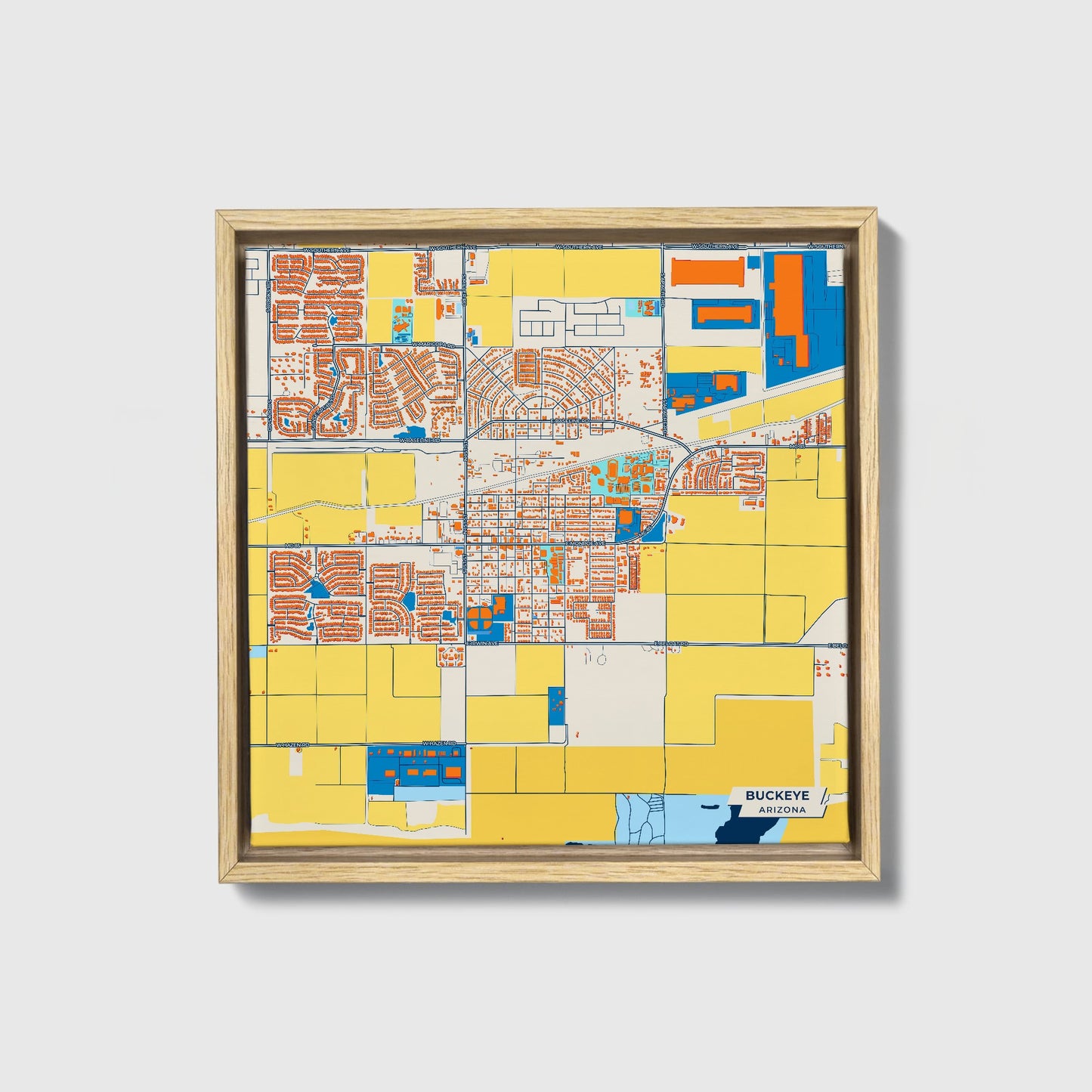 Buckeye Arizona Colorful City Map Canvas Print • Natural Wooden Framed