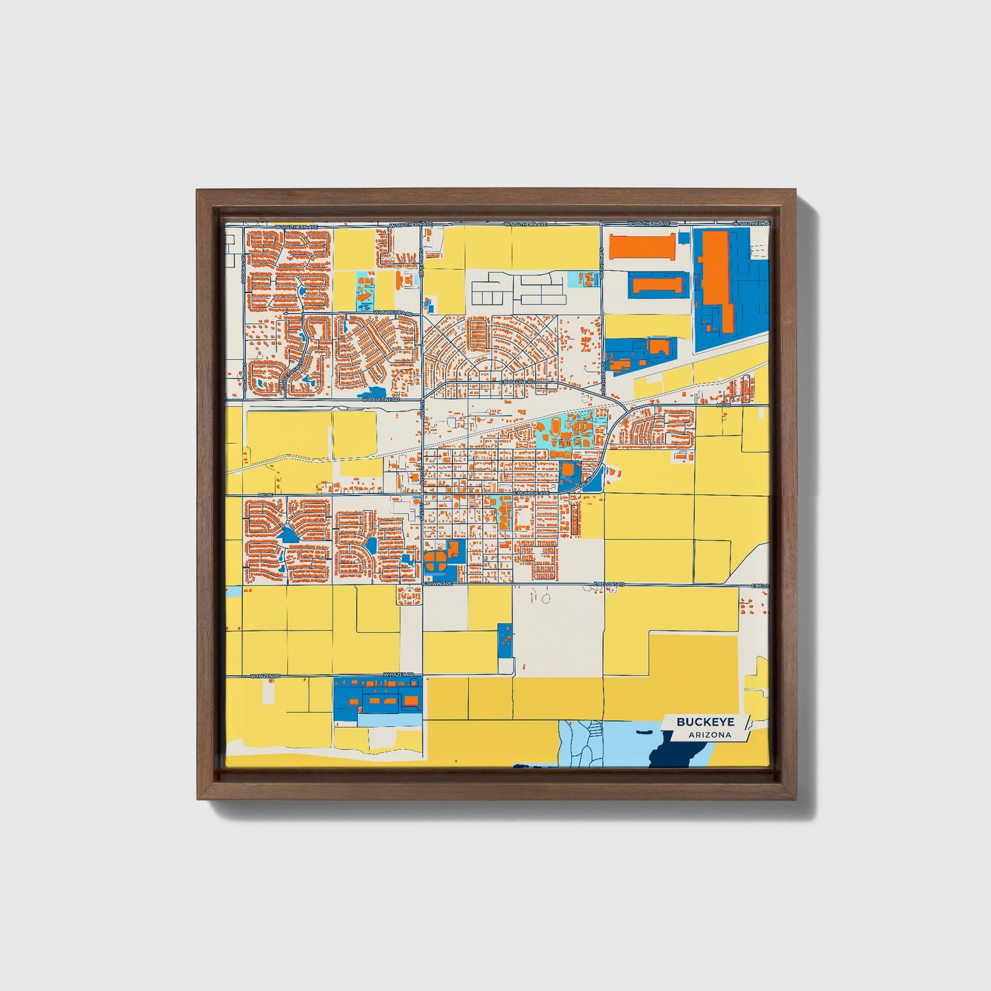 Buckeye Arizona Colorful City Map Canvas Print • Dark Wooden Framed