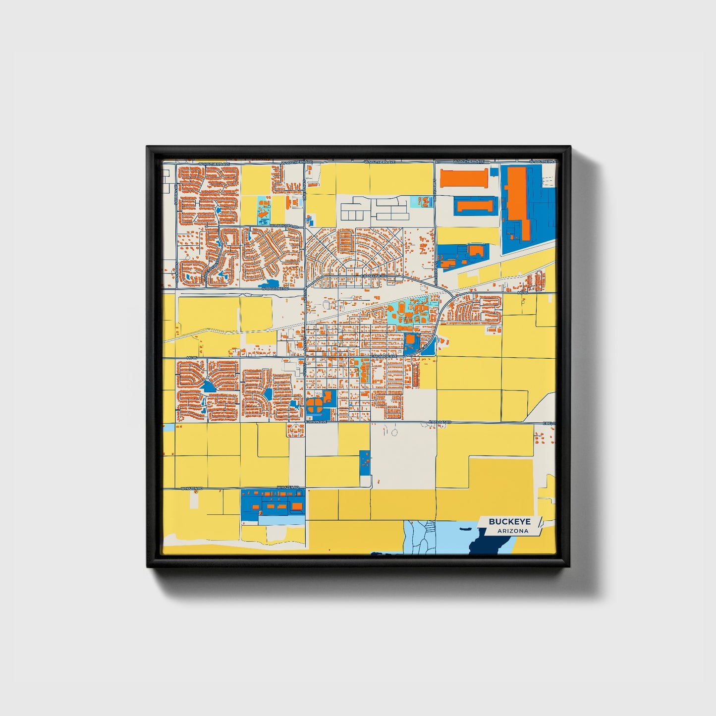 Buckeye Arizona Colorful City Map Canvas Print • Black Framed