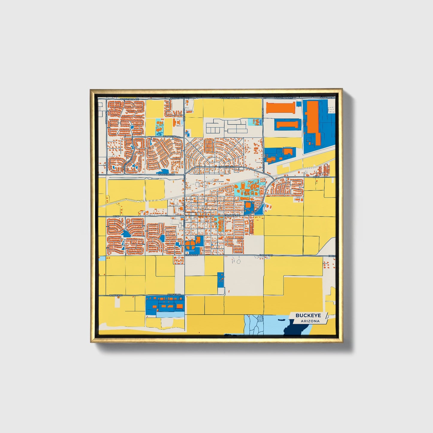 Buckeye Arizona Colorful City Map Canvas Print • Gold Framed