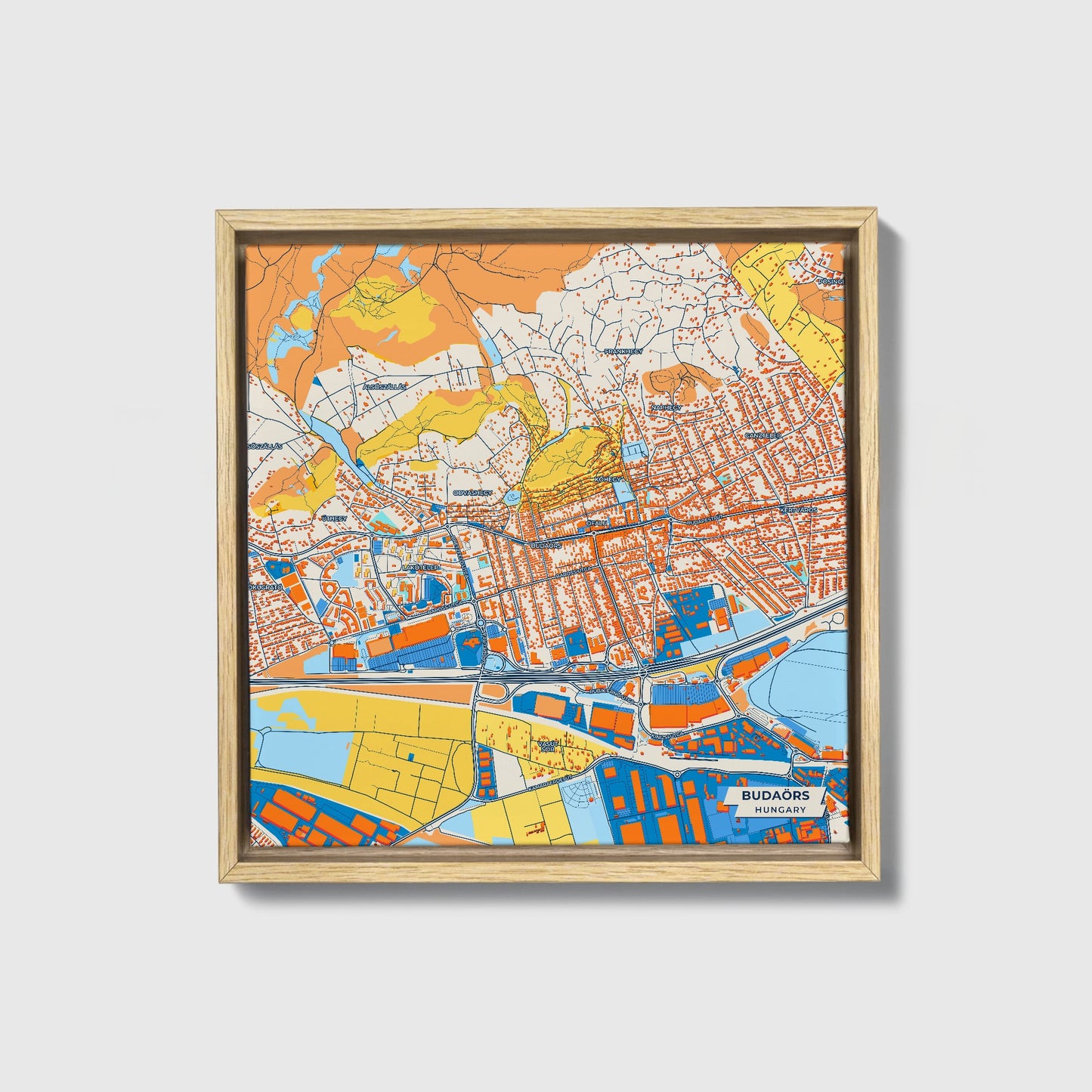 Budaörs Hungary Colorful City Map Canvas Print • Natural Wooden Framed