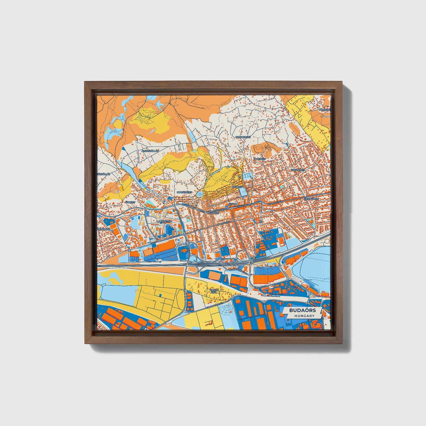 Budaörs Hungary Colorful City Map Canvas Print • Dark Wooden Framed