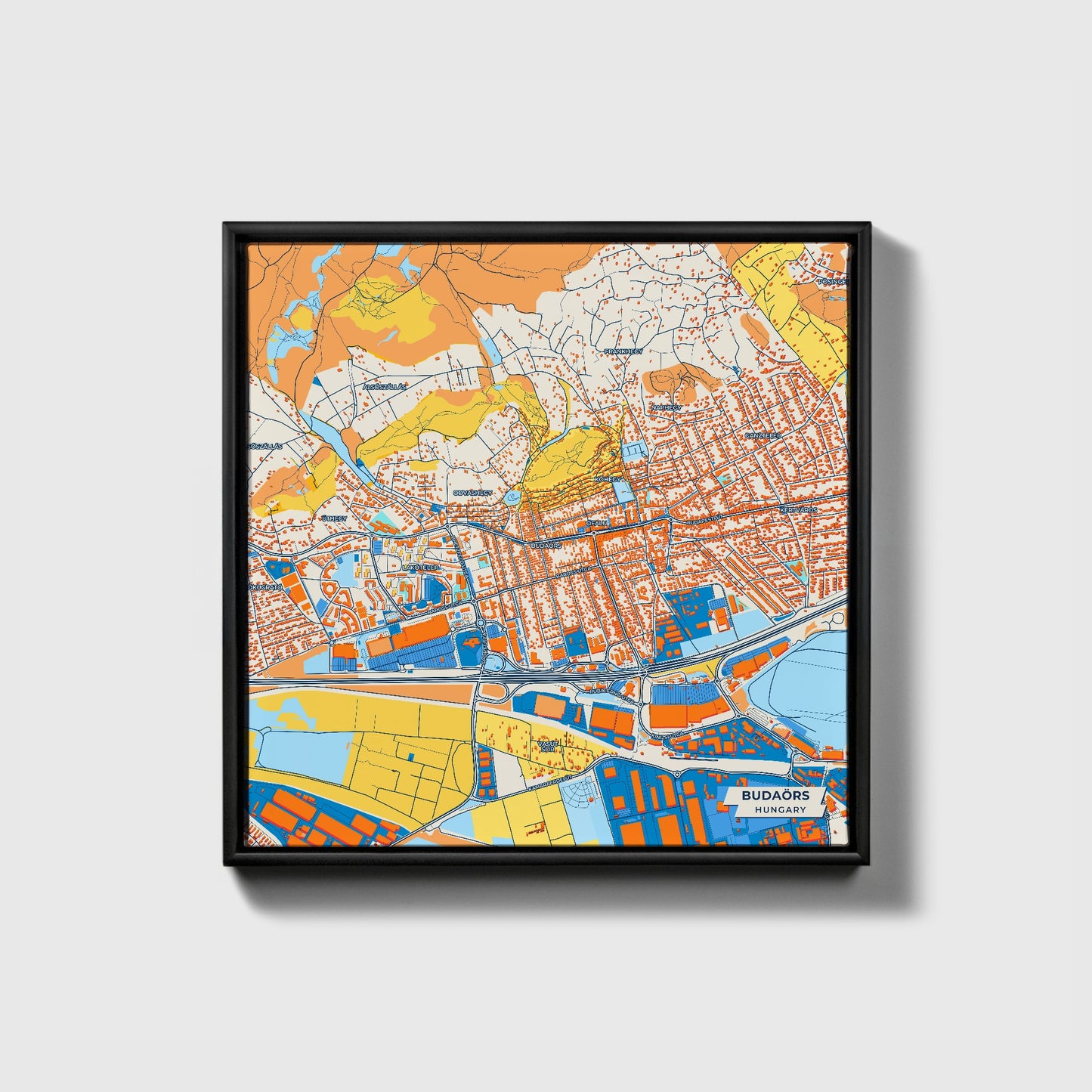 Budaörs Hungary Colorful City Map Canvas Print • Black Framed