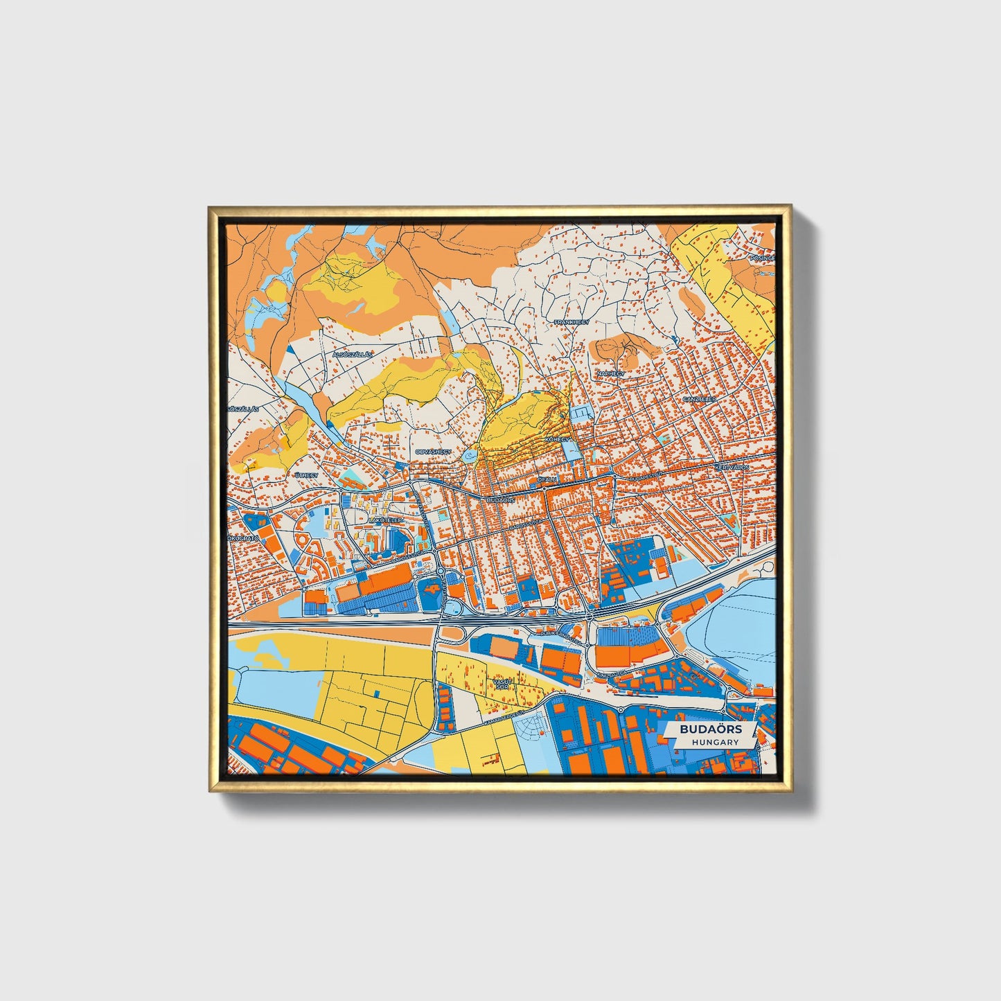 Budaörs Hungary Colorful City Map Canvas Print • Gold Framed