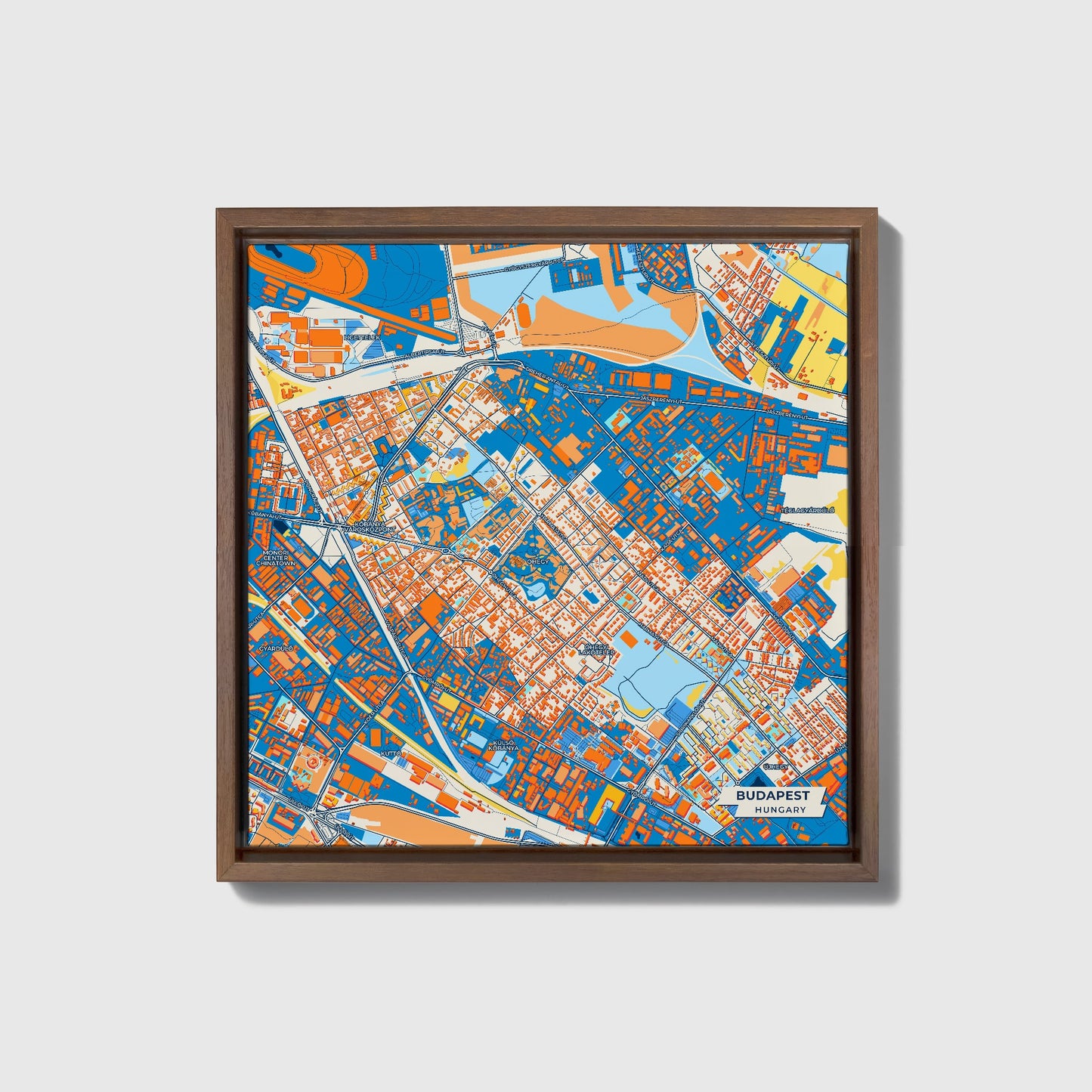 Budapest Hungary Colorful City Map Canvas Print • Dark Wooden Framed