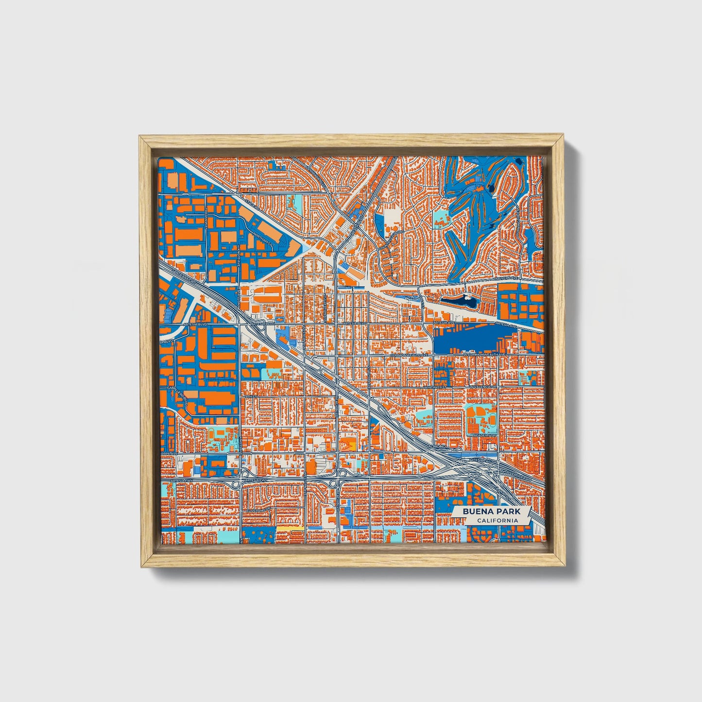 Buena Park California Colorful City Map Canvas Print • Natural Wooden Framed