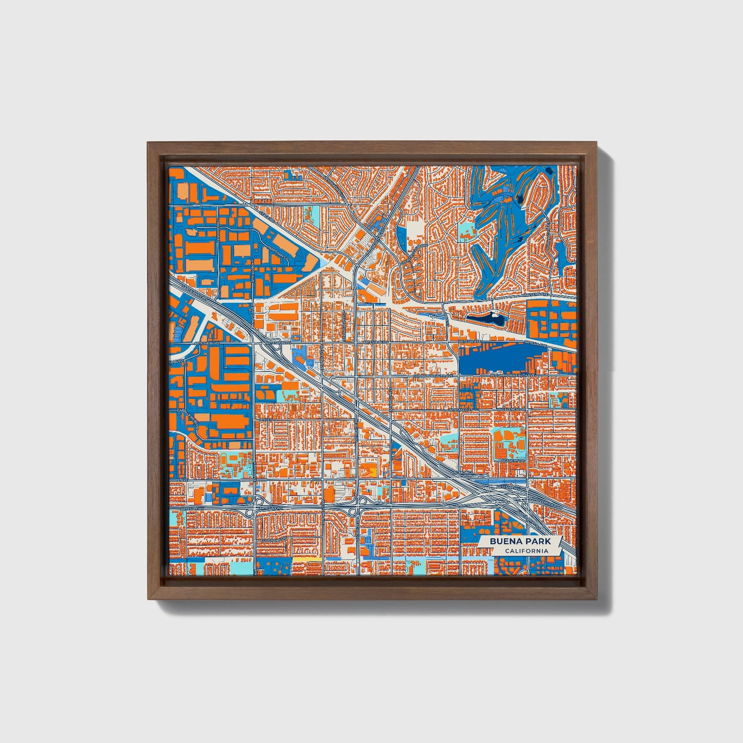 Buena Park California Colorful City Map Canvas Print • Dark Wooden Framed