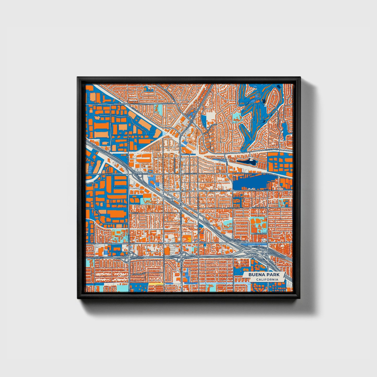 Buena Park California Colorful City Map Canvas Print • Black Framed