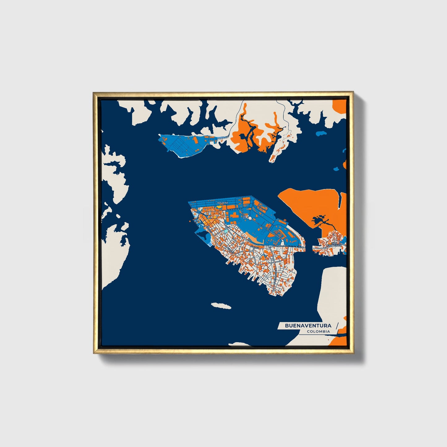 Buenaventura Colombia Colorful City Map Canvas Print • Gold Framed