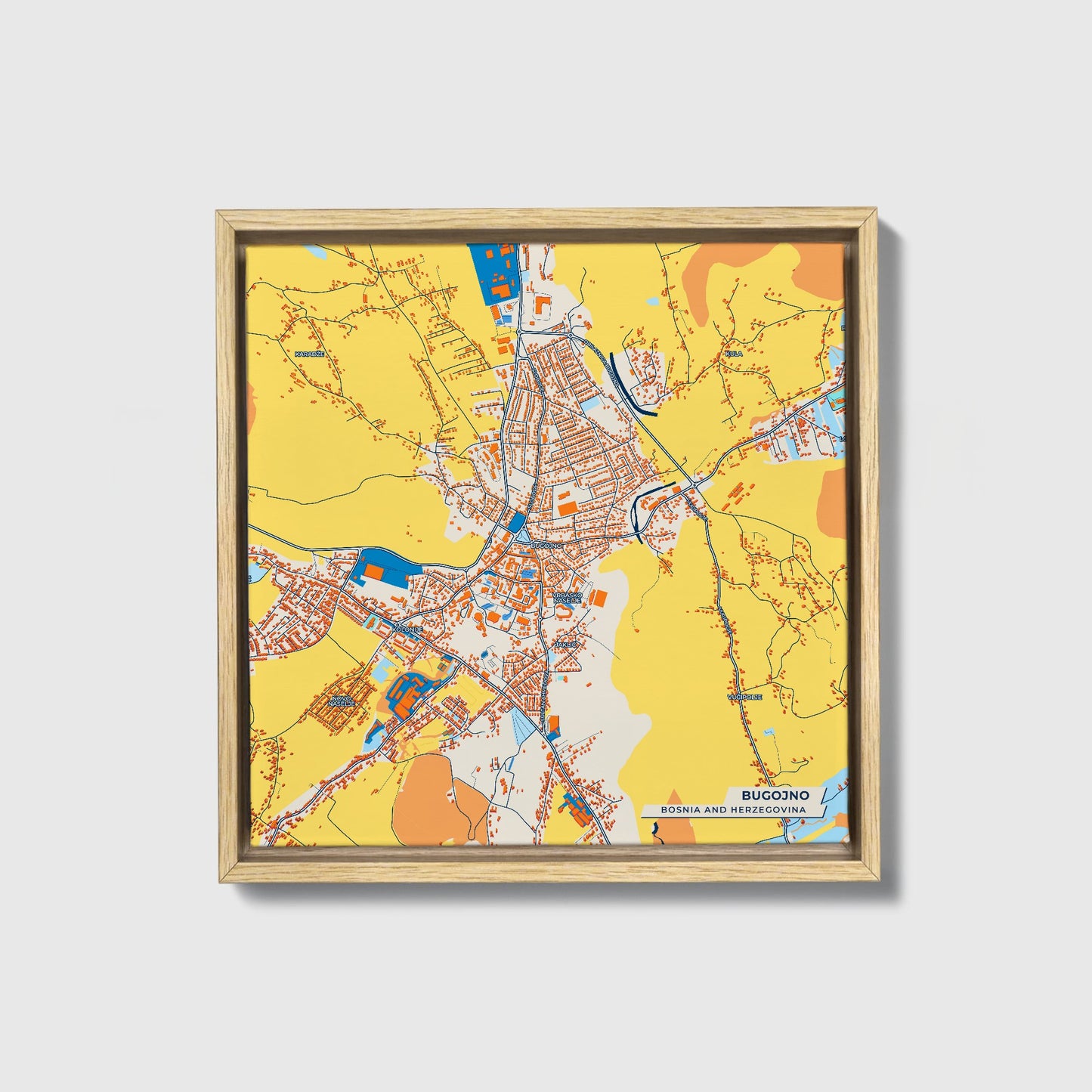Bugojno Bosnia And Herzegovina Colorful City Map Canvas Print • Natural Wooden Framed