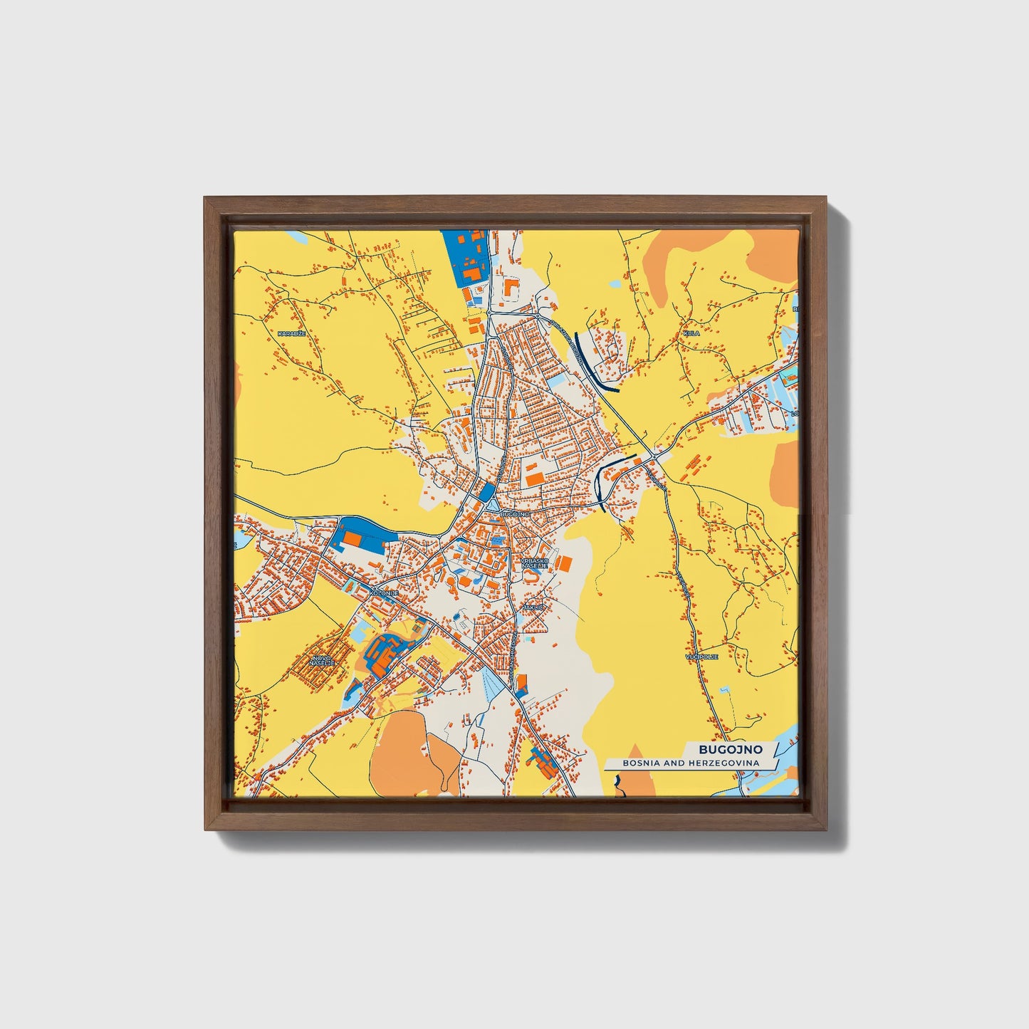 Bugojno Bosnia And Herzegovina Colorful City Map Canvas Print • Dark Wooden Framed