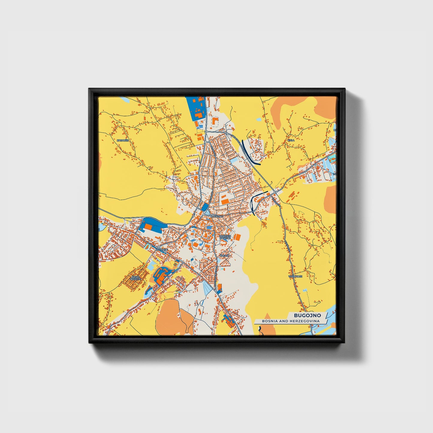 Bugojno Bosnia And Herzegovina Colorful City Map Canvas Print • Black Framed