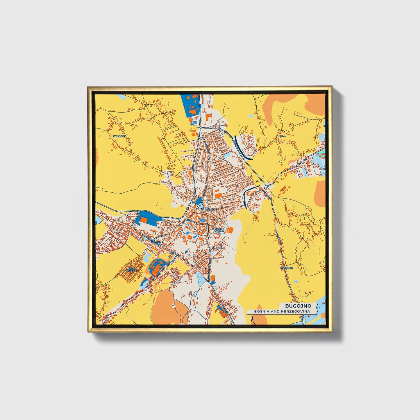 Bugojno Bosnia And Herzegovina Colorful City Map Canvas Print • Gold Framed