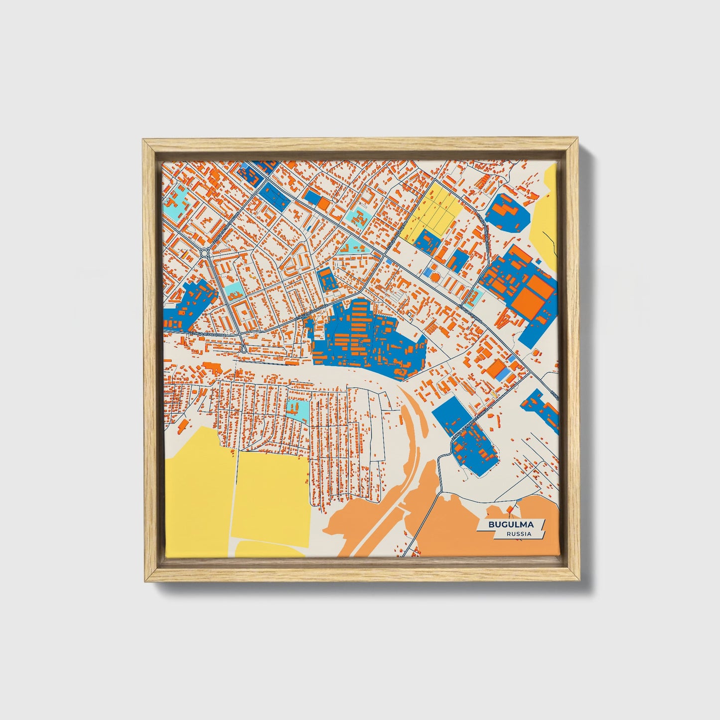Бугульминский Russia Colorful City Map Canvas Print • Natural Wooden Framed