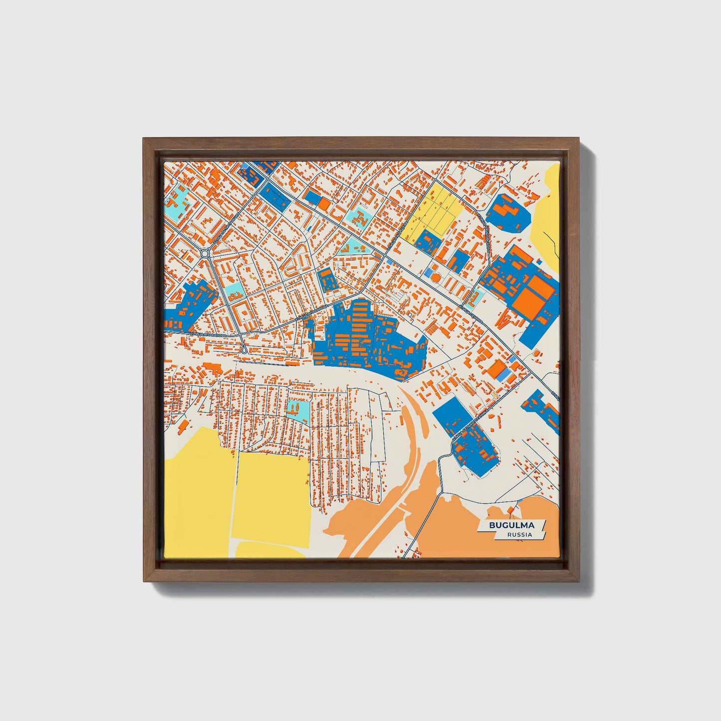 Бугульминский Russia Colorful City Map Canvas Print • Dark Wooden Framed