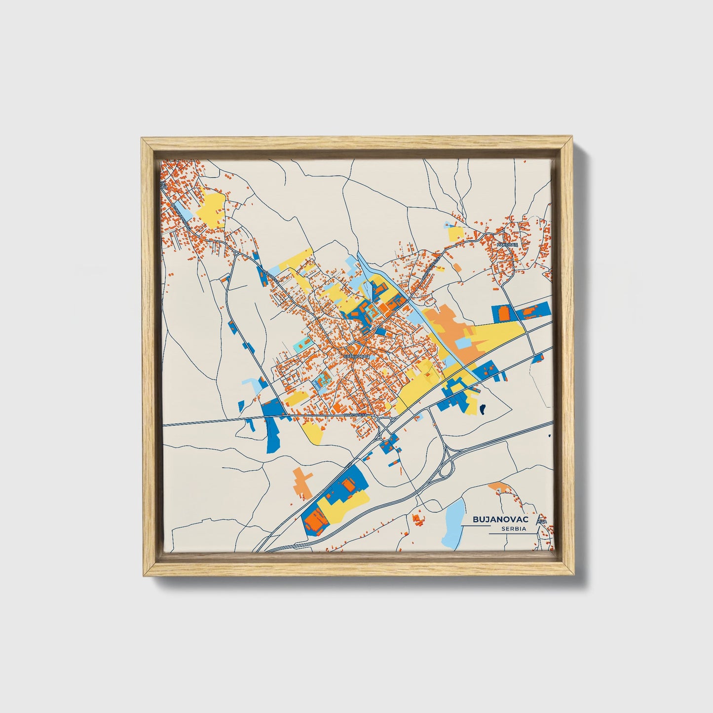 Бујановац Serbia Colorful City Map Canvas Print • Natural Wooden Framed