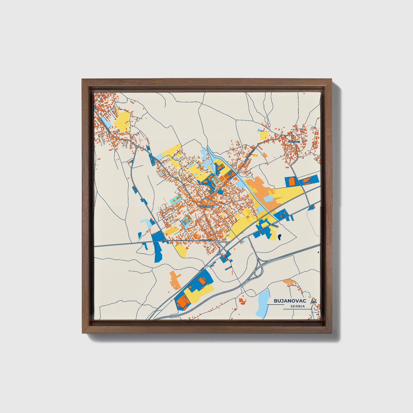 Бујановац Serbia Colorful City Map Canvas Print • Dark Wooden Framed