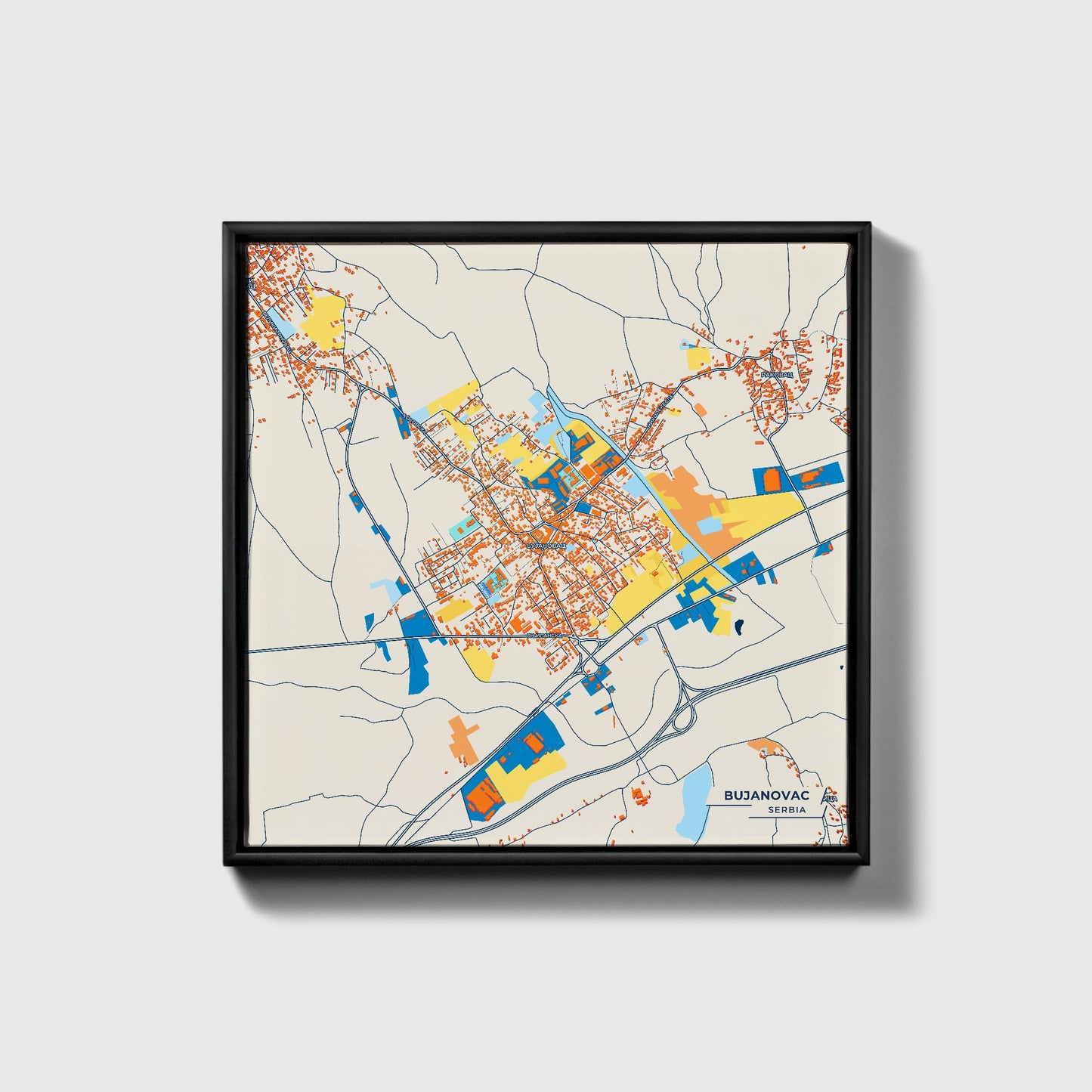 Бујановац Serbia Colorful City Map Canvas Print • Black Framed