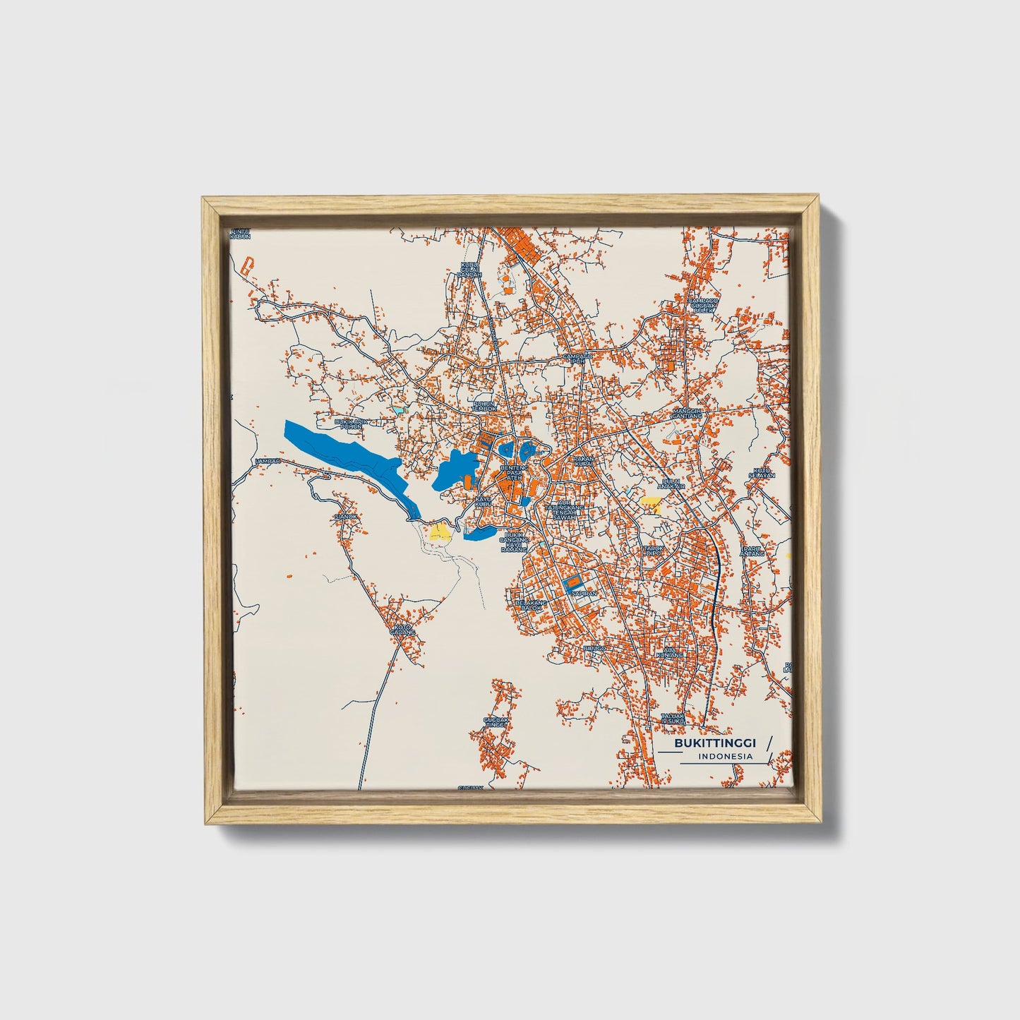Bukittinggi Indonesia Colorful City Map Canvas Print • Natural Wooden Framed
