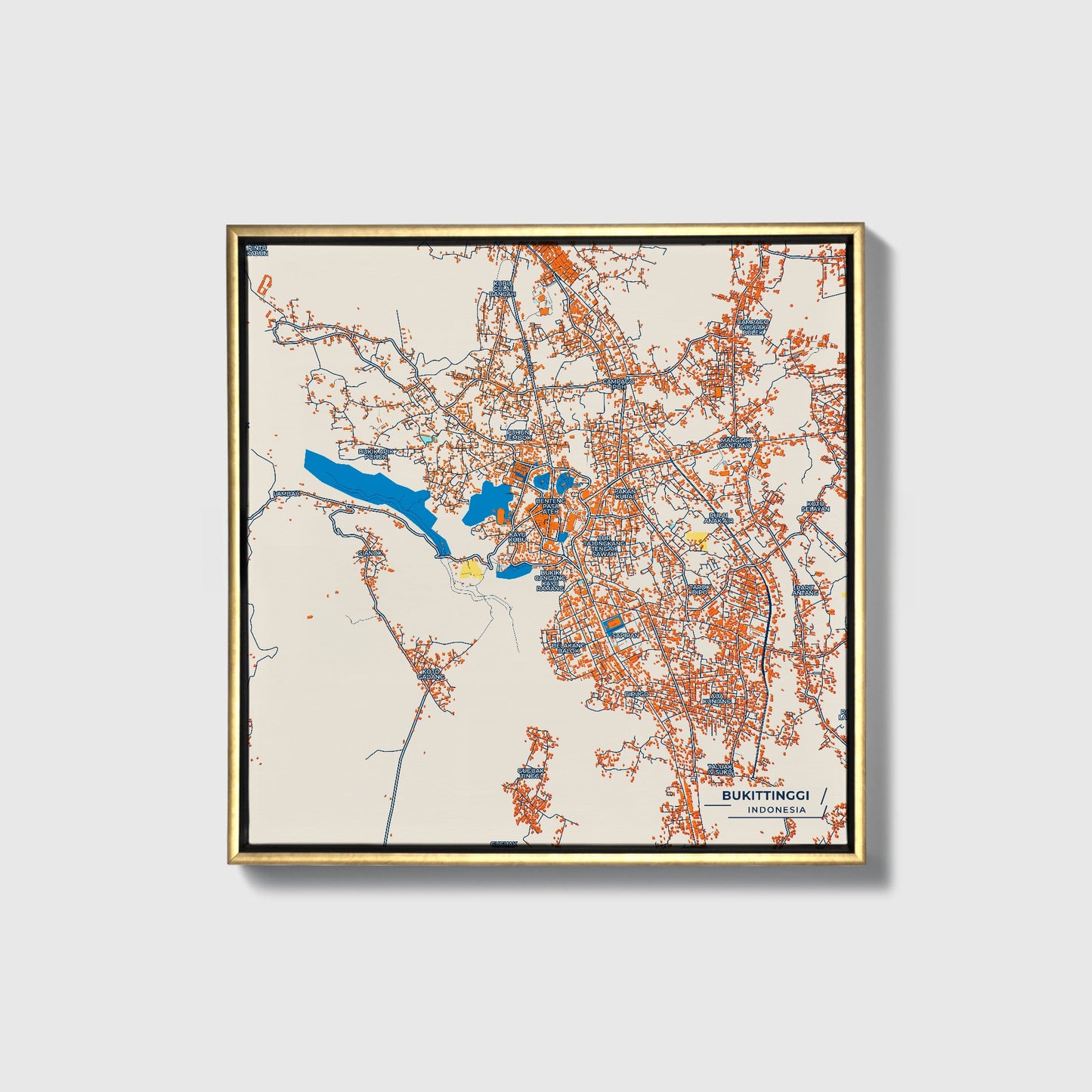Bukittinggi Indonesia Colorful City Map Canvas Print • Gold Framed