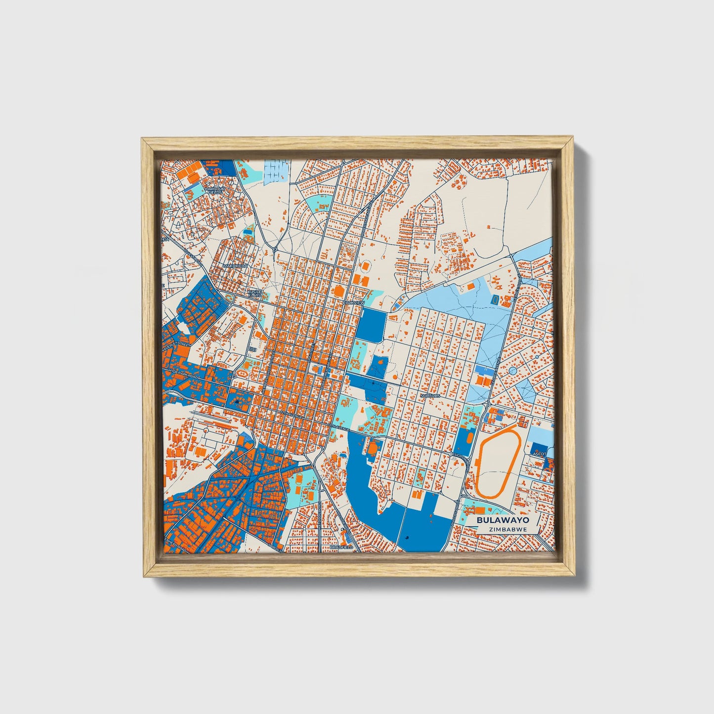 Bulawayo Zimbabwe Colorful City Map Canvas Print • Natural Wooden Framed