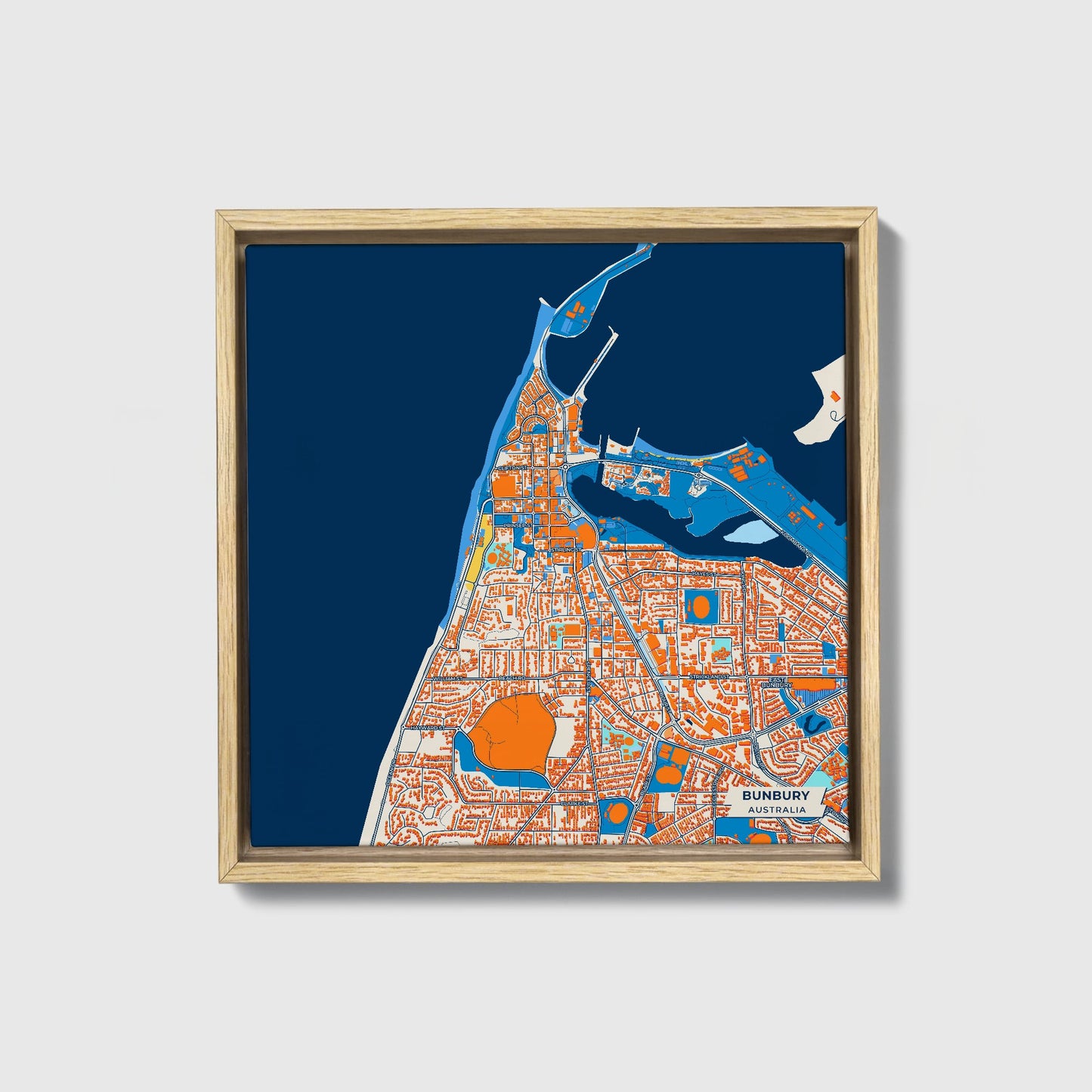 Bunbury Australia Colorful City Map Canvas Print • Natural Wooden Framed