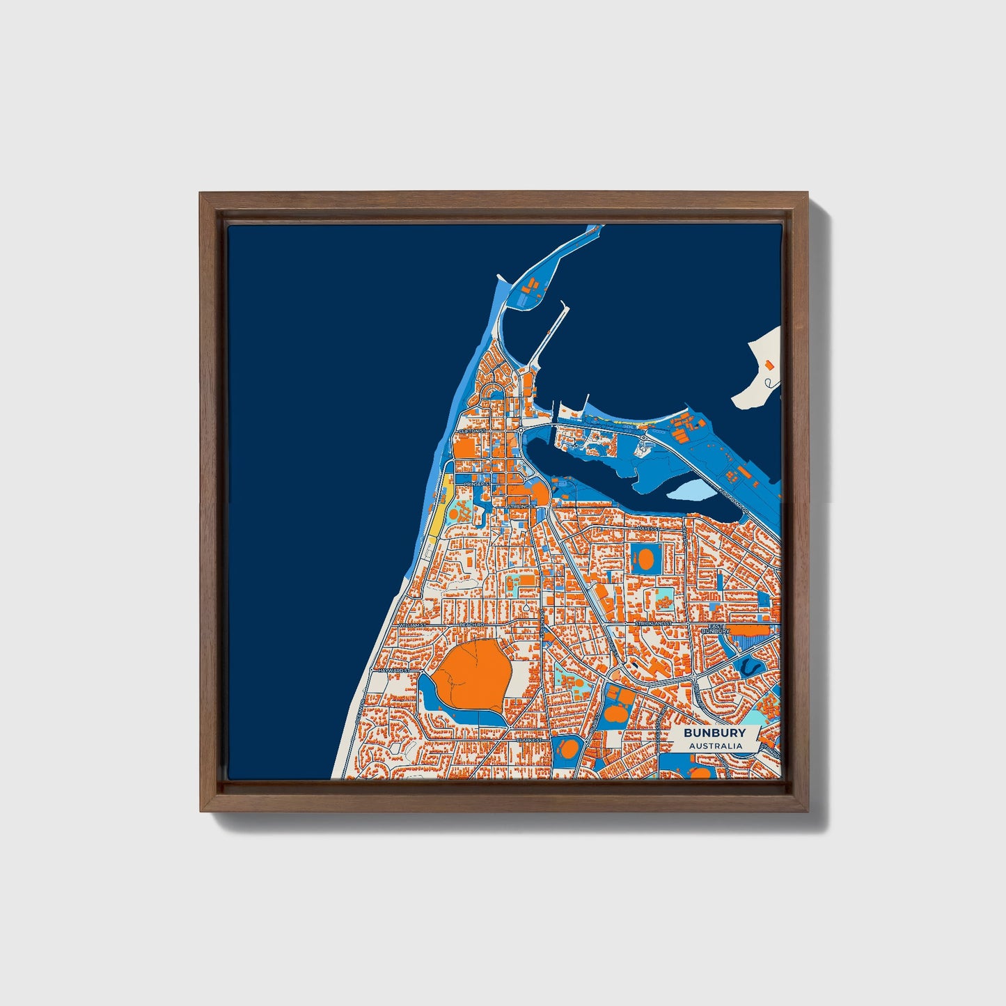 Bunbury Australia Colorful City Map Canvas Print • Dark Wooden Framed