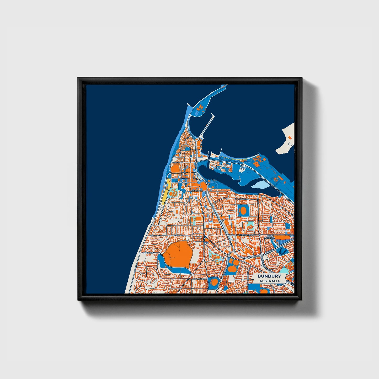 Bunbury Australia Colorful City Map Canvas Print • Black Framed