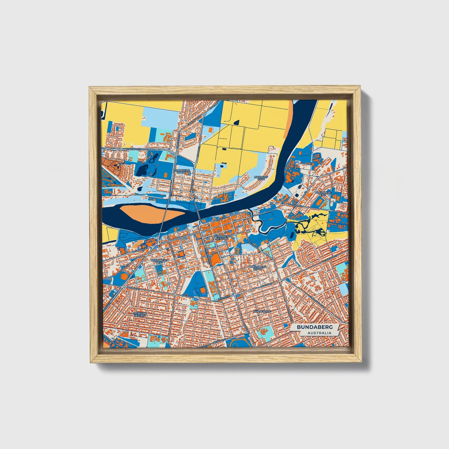 Bundaberg Australia Colorful City Map Canvas Print • Natural Wooden Framed