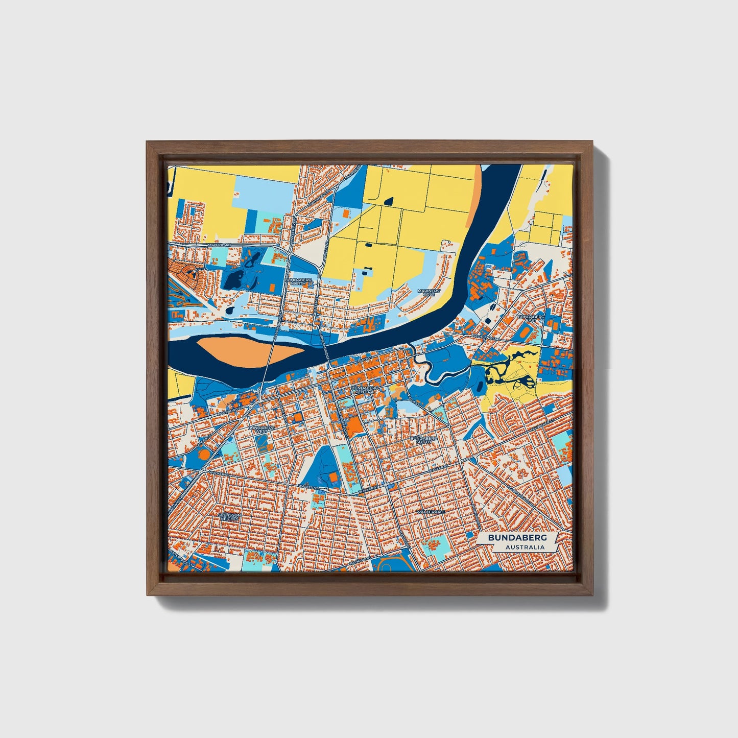 Bundaberg Australia Colorful City Map Canvas Print • Dark Wooden Framed