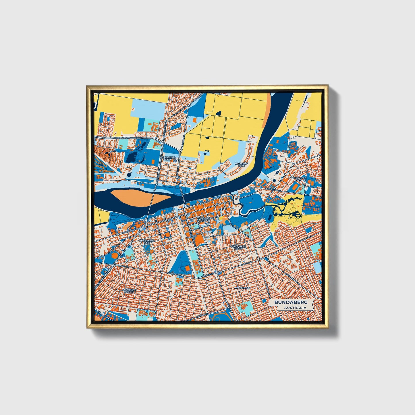 Bundaberg Australia Colorful City Map Canvas Print • Gold Framed