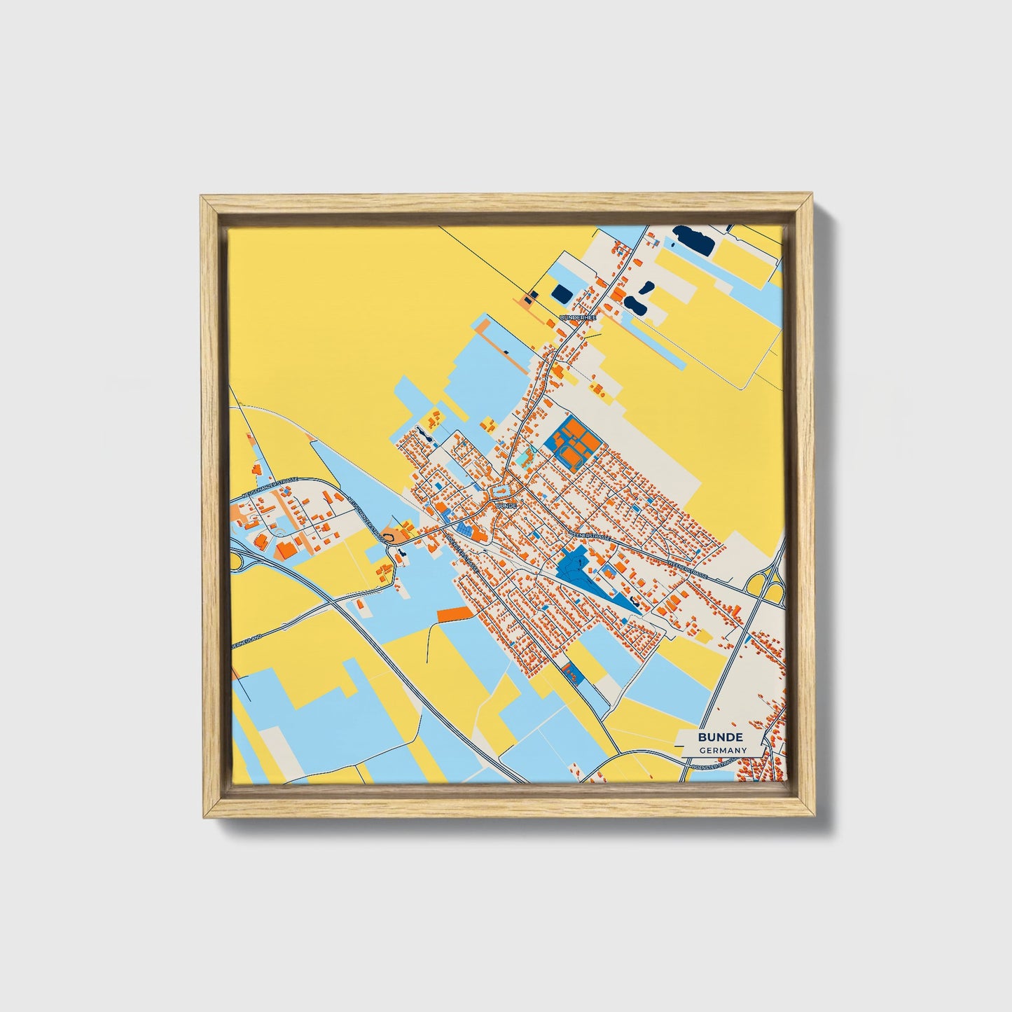 Bünde Germany Colorful City Map Canvas Print • Natural Wooden Framed