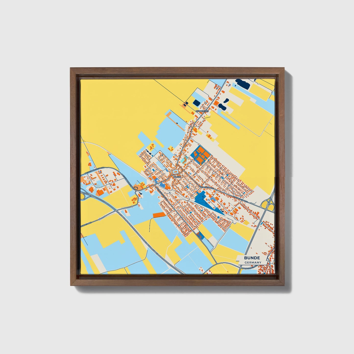 Bünde Germany Colorful City Map Canvas Print • Dark Wooden Framed