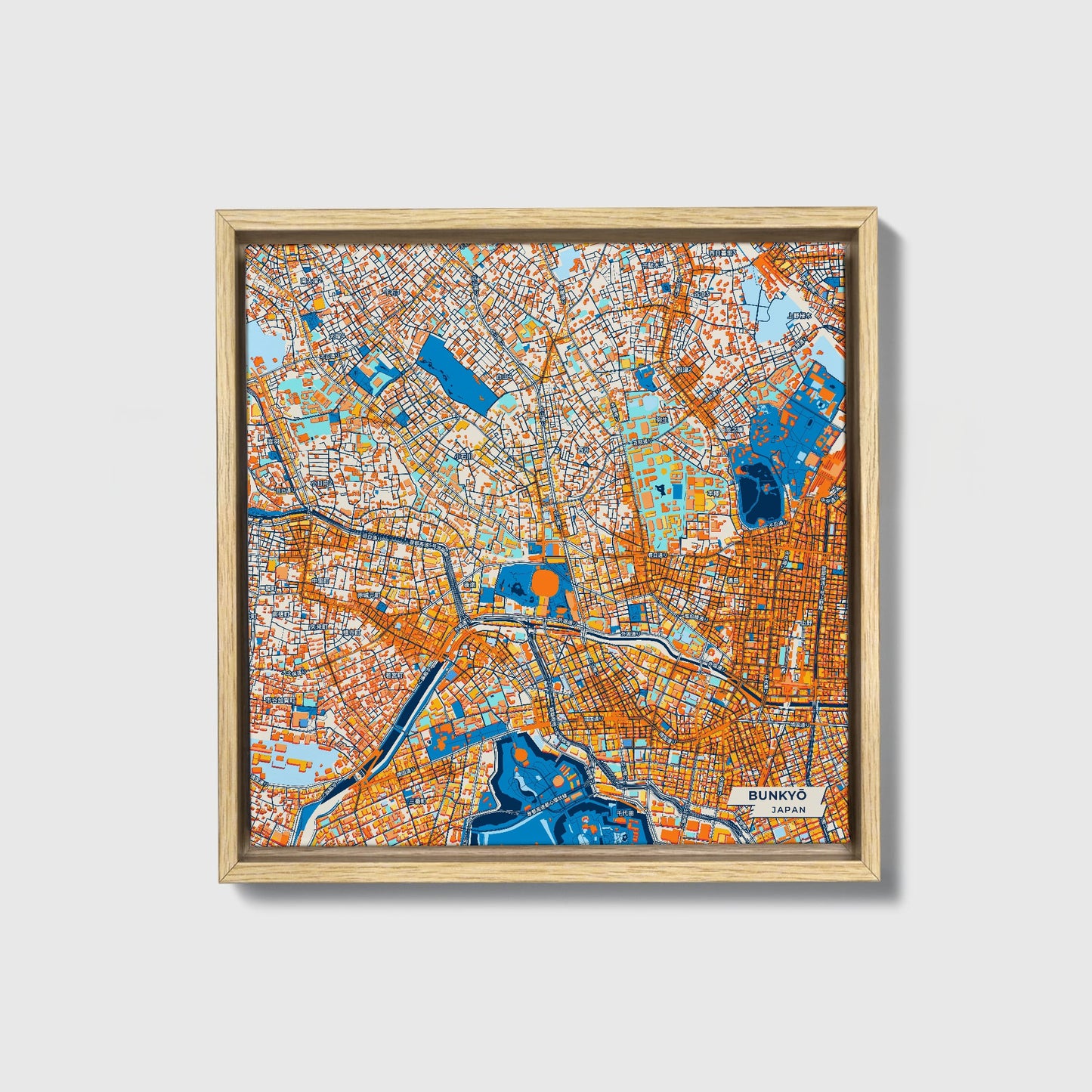 Bunkyō Japan Colorful City Map Canvas Print • Natural Wooden Framed