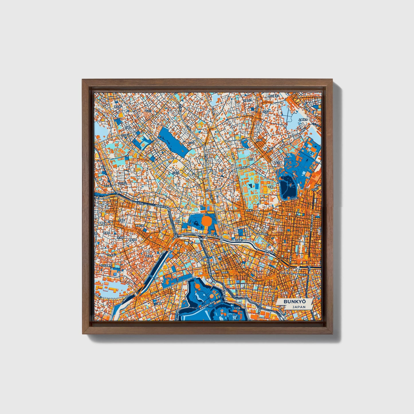 Bunkyō Japan Colorful City Map Canvas Print • Dark Wooden Framed